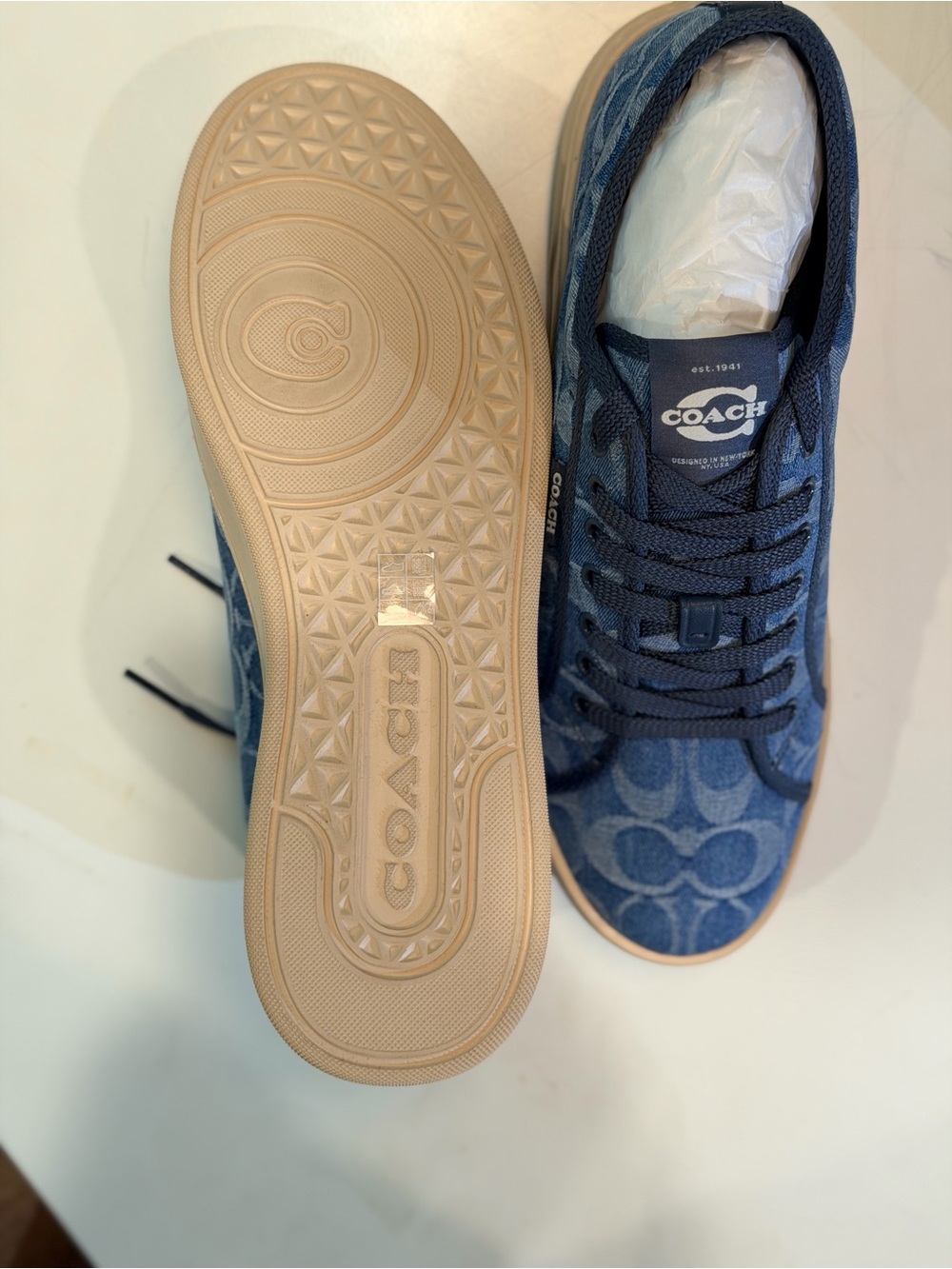 Coach Denim Monogram Low-Top Sneakers in Blue with Tan Sole - Picture 4 of 7